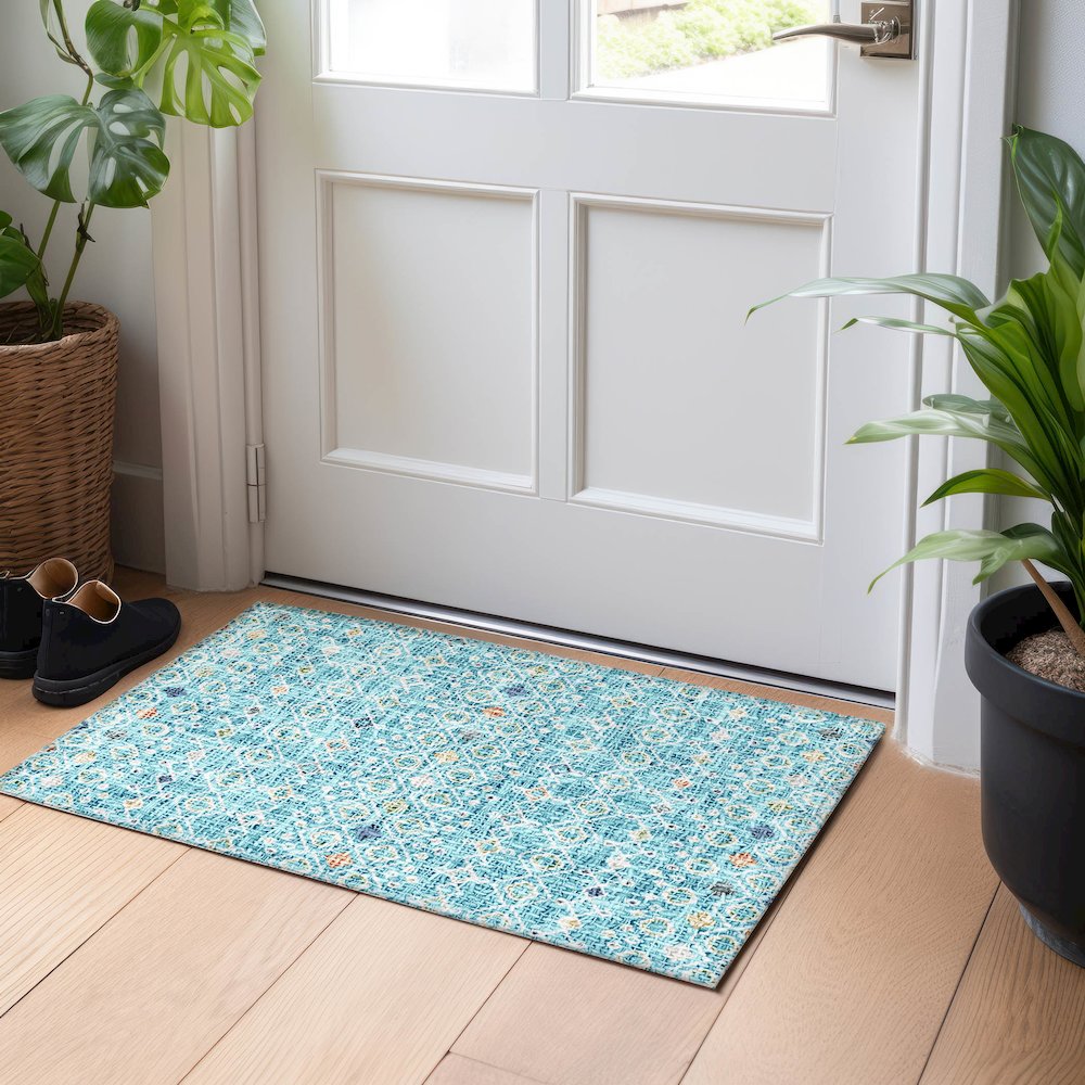 Luxury Washable Indoor/Outdoor Portico Teal 1'8" x 2'6" Rug. Picture 5