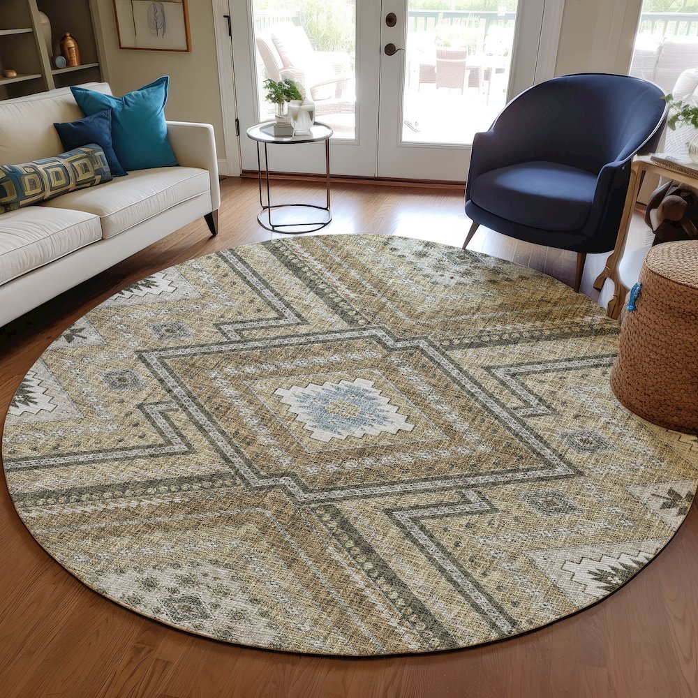 Luxury Washable Indoor/Outdoor Portico Beige 8' x 8' Round Rug. Picture 5