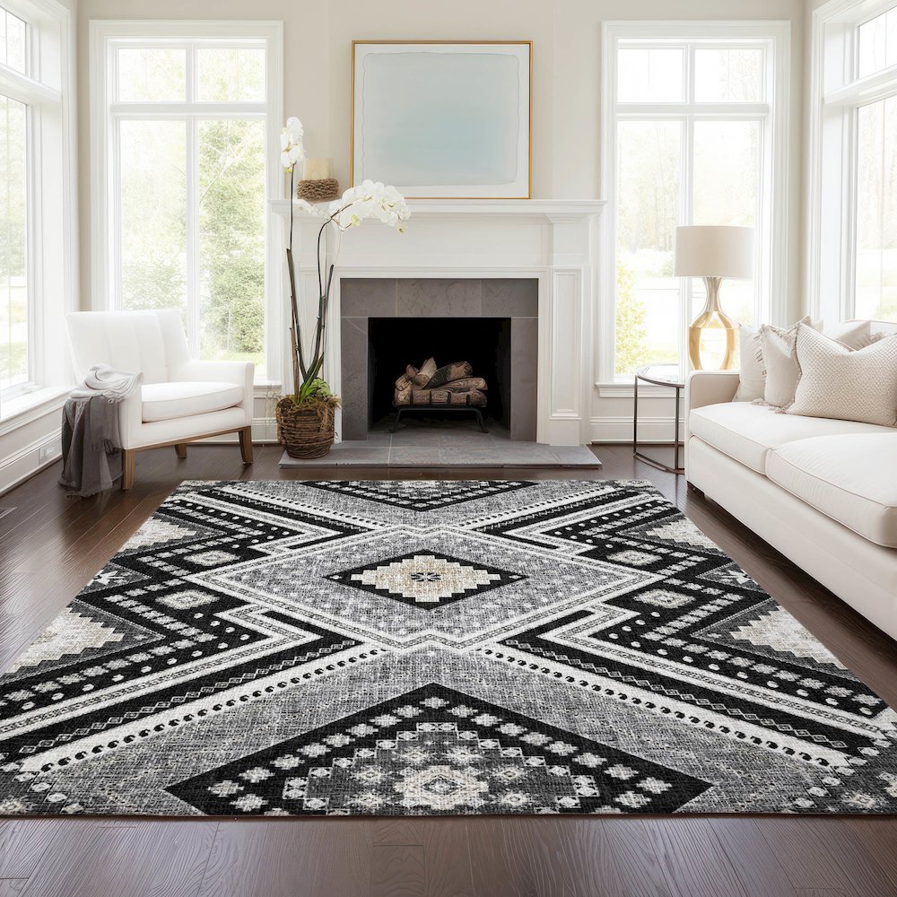Luxury Washable Indoor/Outdoor Portico Black 2'6" x 3'10" Rug. Picture 5