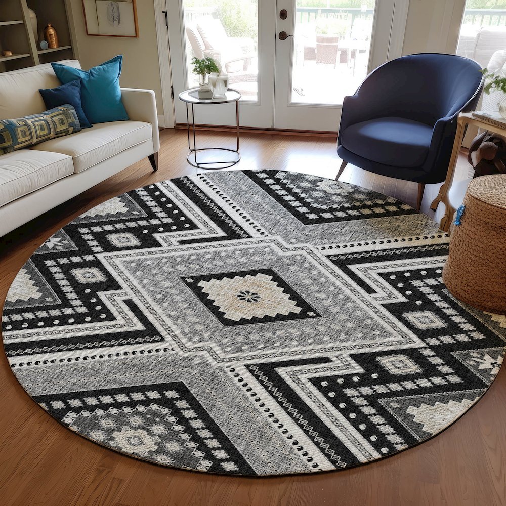 Luxury Washable Indoor/Outdoor Portico Black 8' x 8' Round Rug. Picture 5