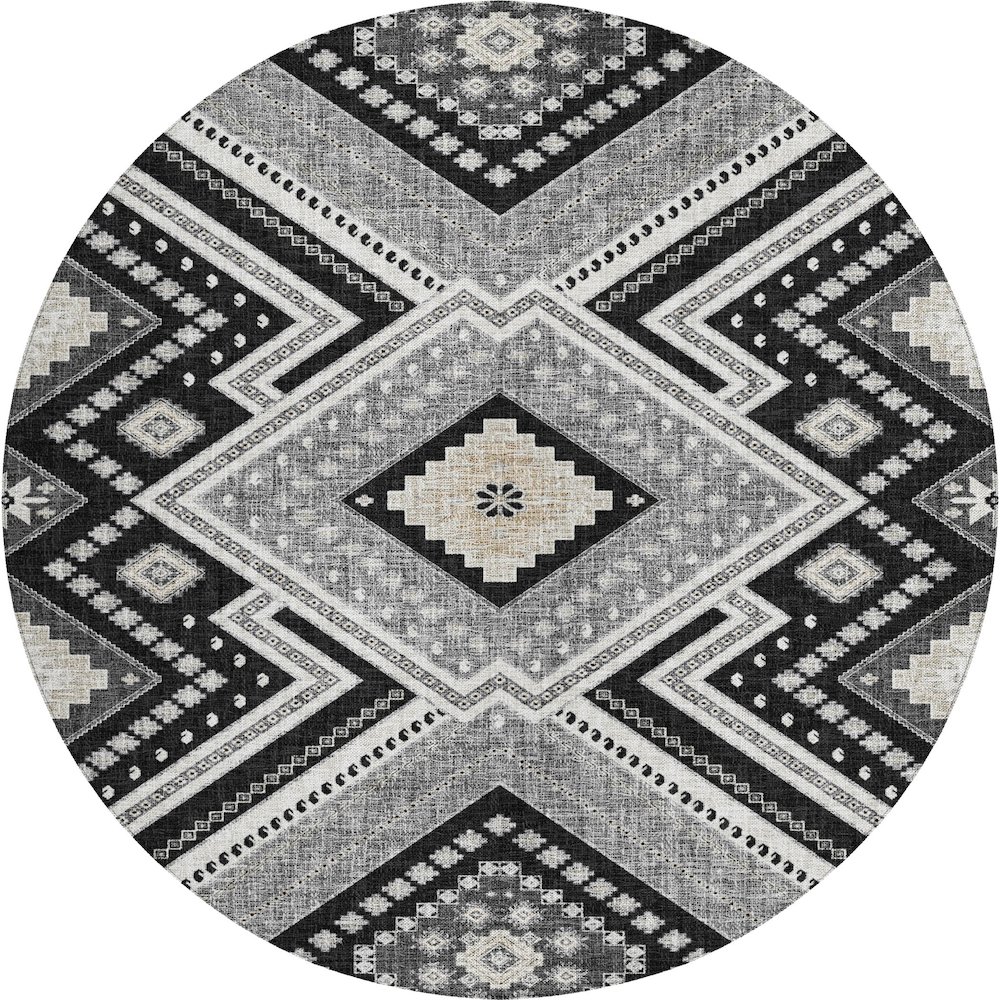 Luxury Washable Indoor/Outdoor Portico Black 8' x 8' Round Rug. Picture 1