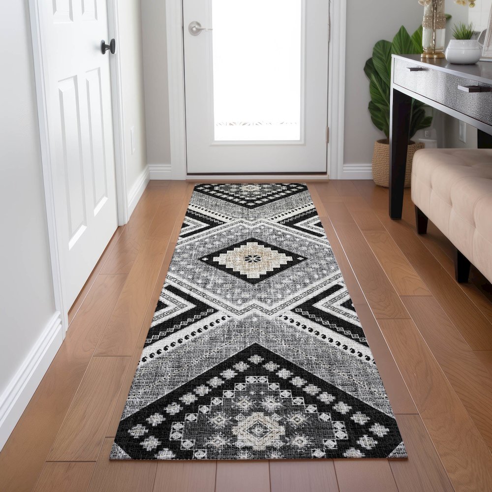 Luxury Washable Indoor/Outdoor Portico Black 2'3" x 7'6" Runner Rug. Picture 5