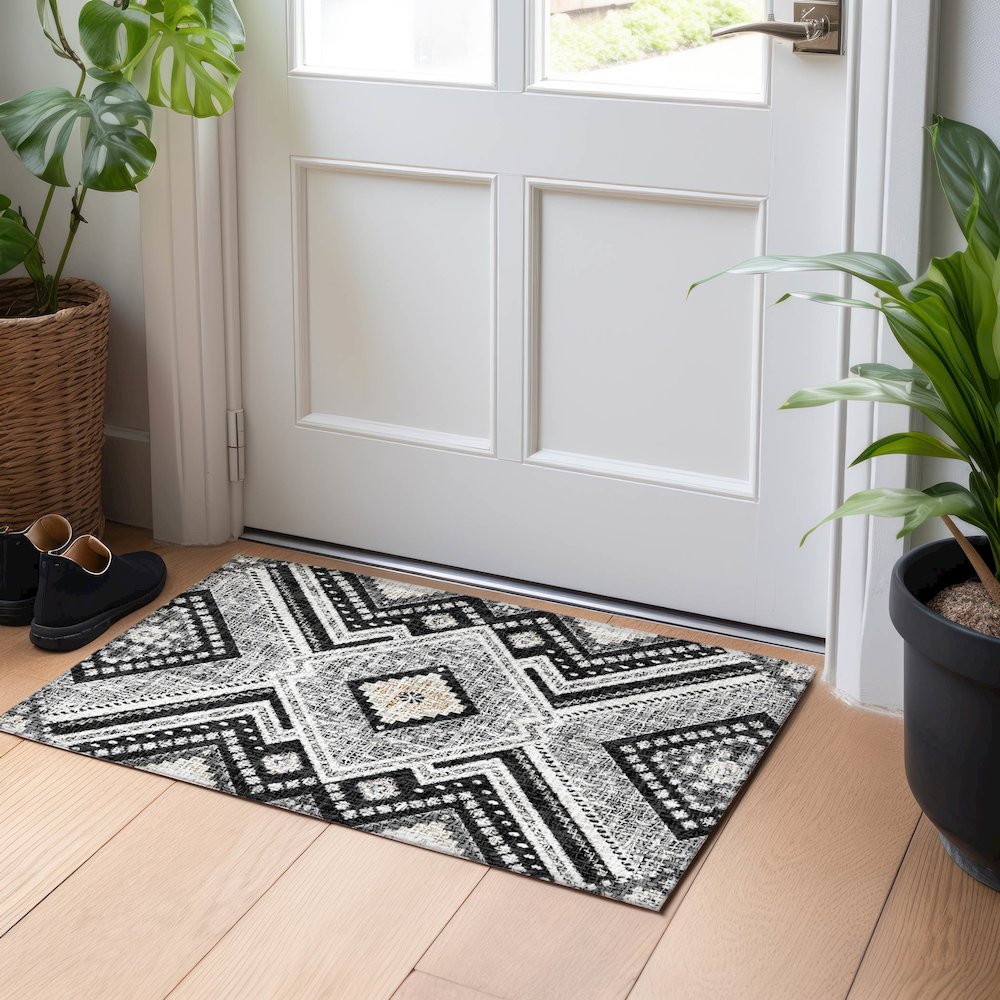 Luxury Washable Indoor/Outdoor Portico Black 1'8" x 2'6" Rug. Picture 5