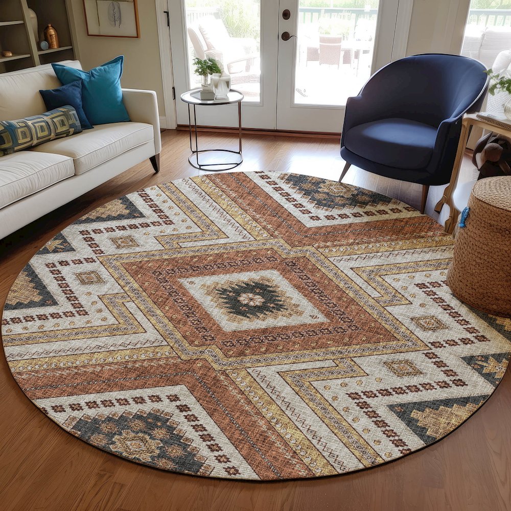 Luxury Washable Indoor/Outdoor Portico Copper 8' x 8' Round Rug. Picture 5