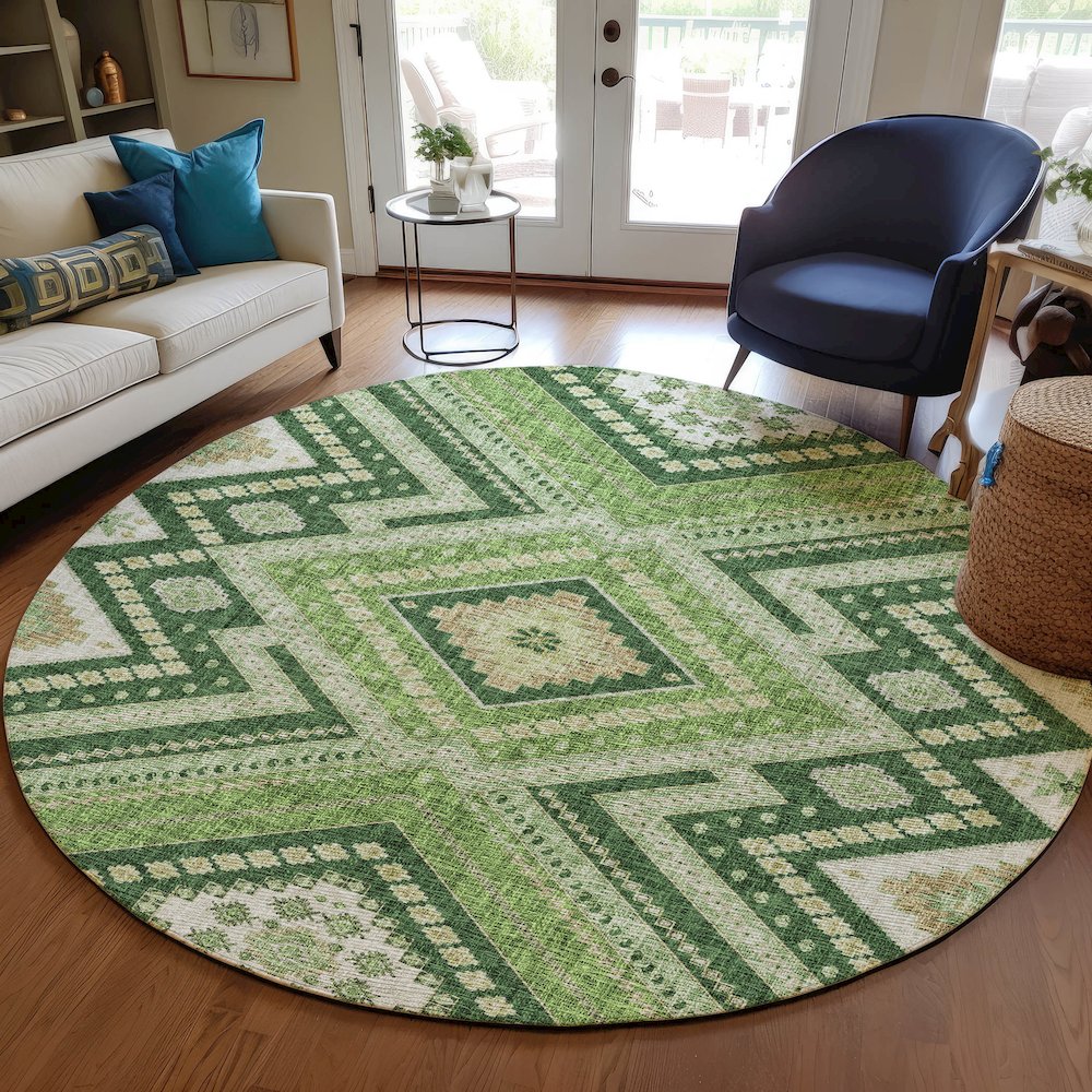 Luxury Washable Indoor/Outdoor Portico Green 8' x 8' Round Rug. Picture 5