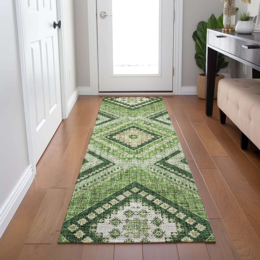 Luxury Washable Indoor/Outdoor Portico Green 2'3" x 7'6" Runner Rug. Picture 5