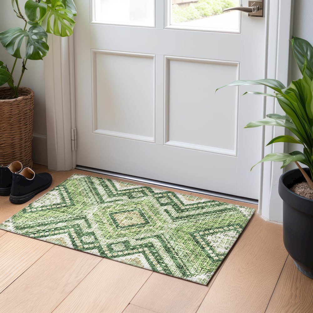 Luxury Washable Indoor/Outdoor Portico Green 1'8" x 2'6" Rug. Picture 5