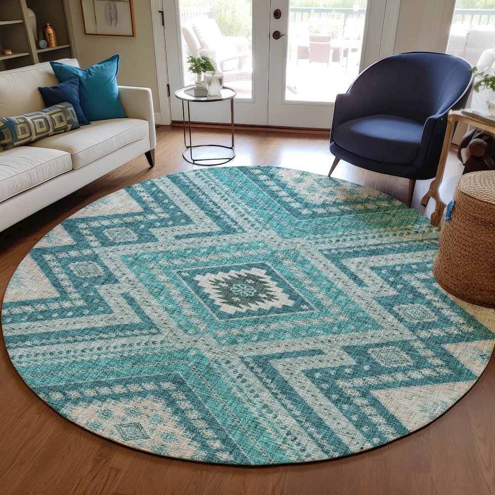 Luxury Washable Indoor/Outdoor Portico Teal 8' x 8' Round Rug. Picture 5