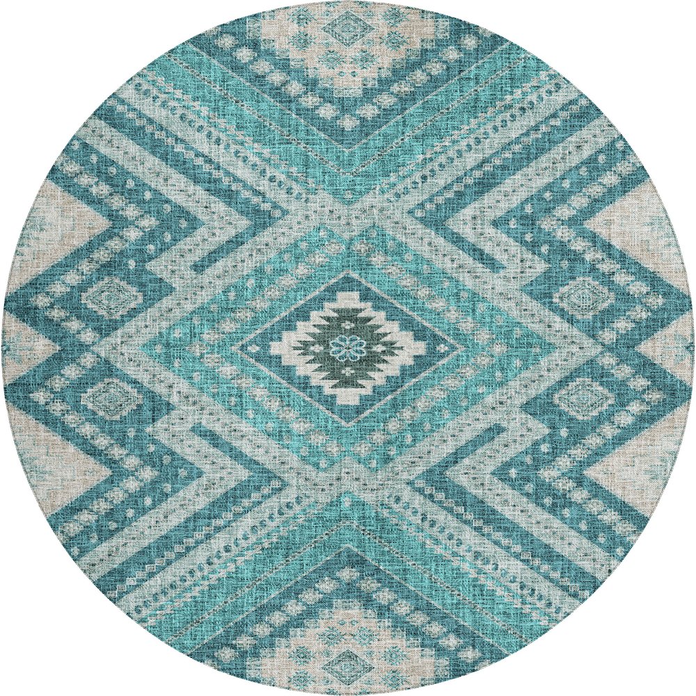 Luxury Washable Indoor/Outdoor Portico Teal 8' x 8' Round Rug. Picture 1