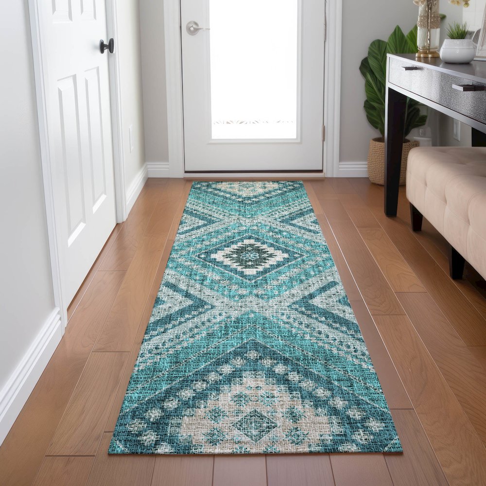 Luxury Washable Indoor/Outdoor Portico Teal 2'3" x 7'6" Runner Rug. Picture 5