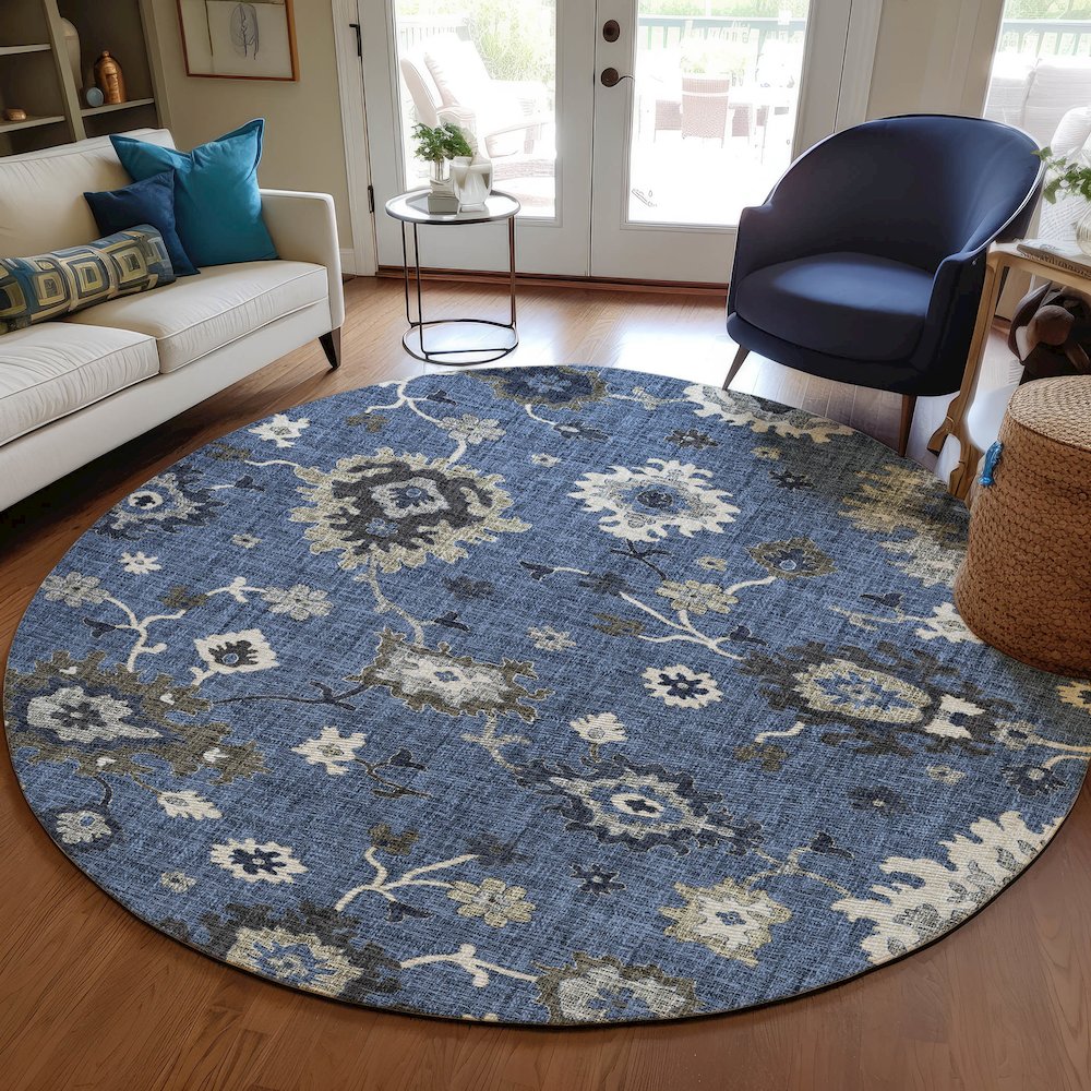 Luxury Washable Indoor/Outdoor Portico Blue 8' x 8' Round Rug. Picture 5