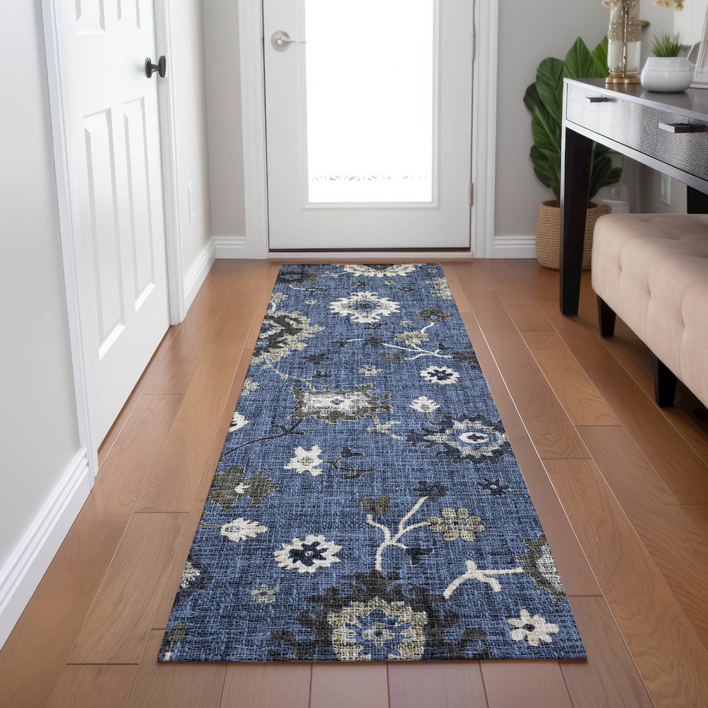 Luxury Washable Indoor/Outdoor Portico Blue 2'3" x 7'6" Runner Rug. Picture 5