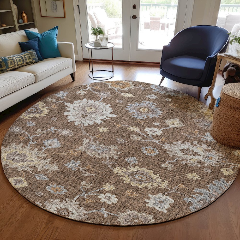 Luxury Washable Indoor/Outdoor Portico Chocolate 8' x 8' Round Rug. Picture 5