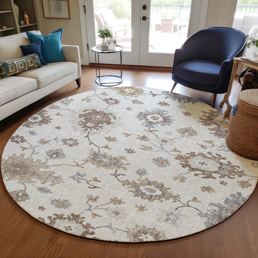 Luxury Washable Indoor/Outdoor Portico Ivory 8' x 8' Round Rug. Picture 5