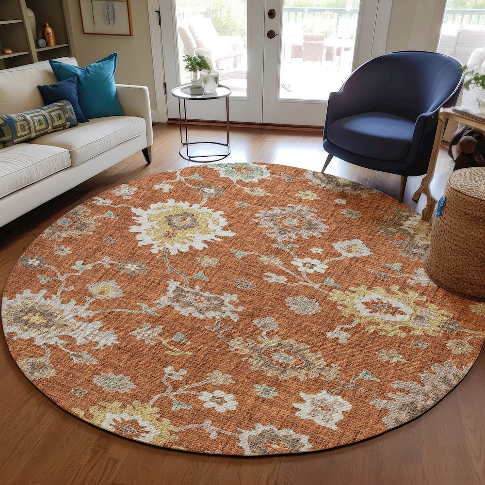 Luxury Washable Indoor/Outdoor Portico Paprika 8' x 8' Round Rug. Picture 5