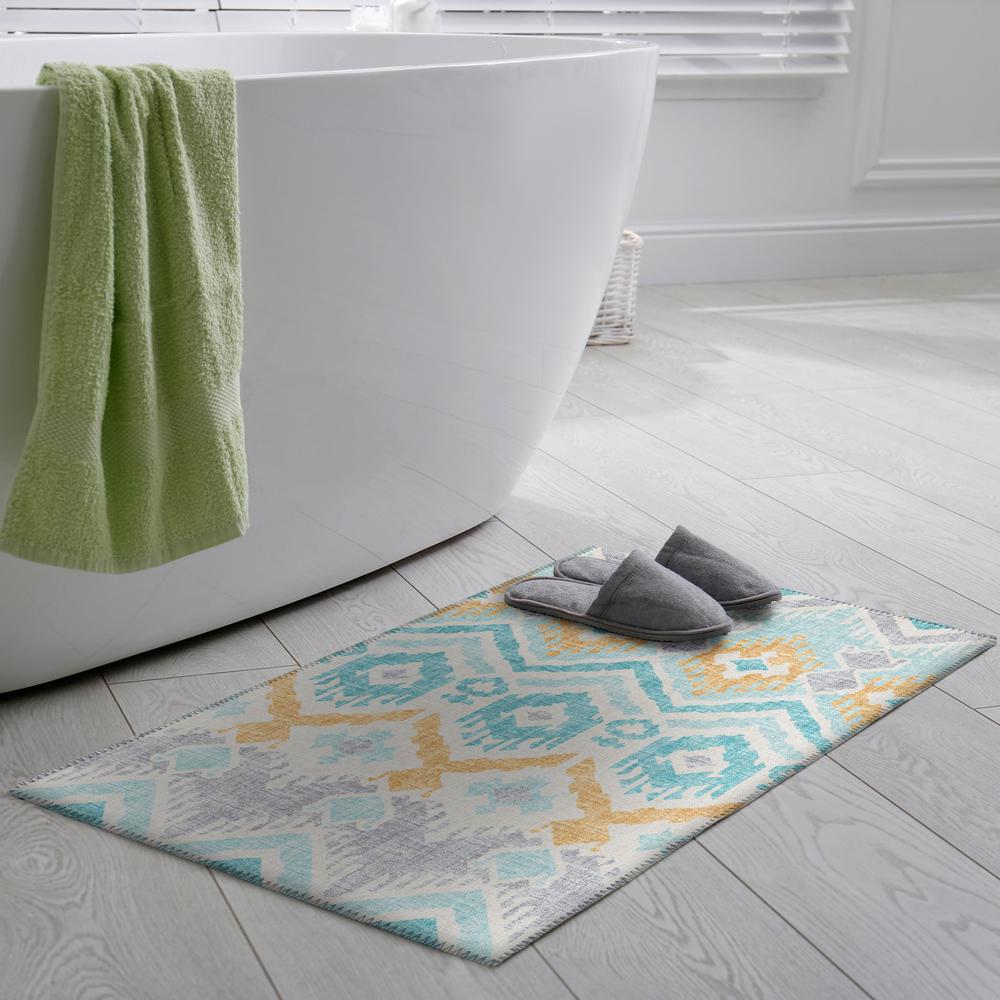 Yuma Aqua Bohemian Ikat 1'8" x 2'6" Accent Rug Aqua AYU32. Picture 1