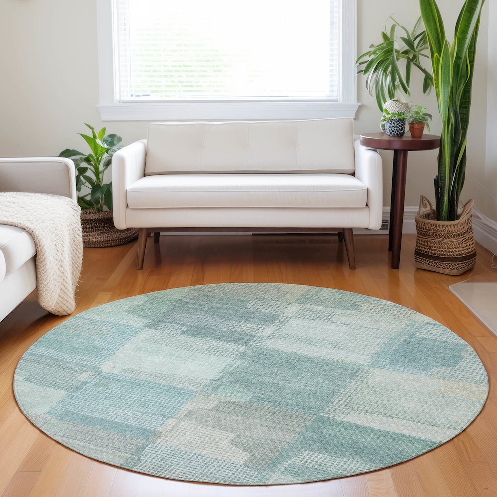 Luxury Washable Indoor/Outdoor Ravenna Teal 8' x 8' Round Rug. Picture 5