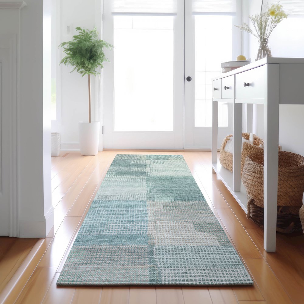 Luxury Washable Indoor/Outdoor Ravenna Teal 2'3" x 7'6" Runner Rug. Picture 5