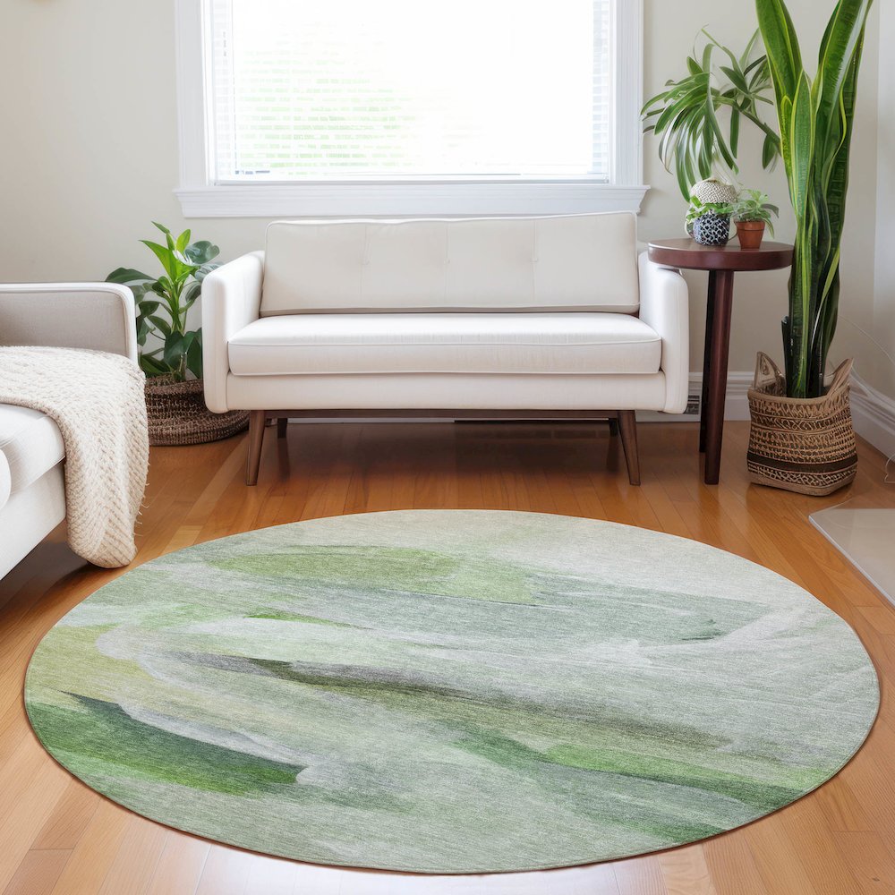 Luxury Washable Indoor/Outdoor Ravenna Aloe 8' x 8' Round Rug. Picture 5