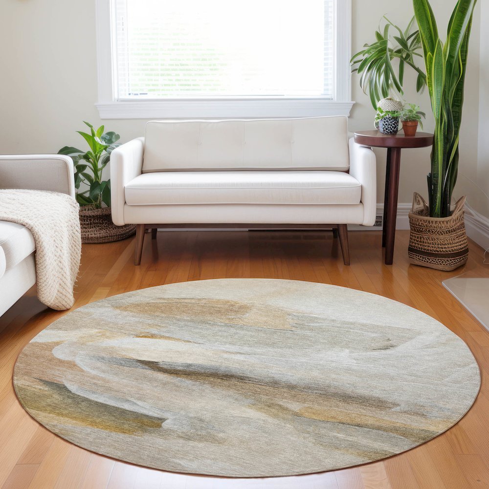Luxury Washable Indoor/Outdoor Ravenna Taupe 8' x 8' Round Rug. Picture 5