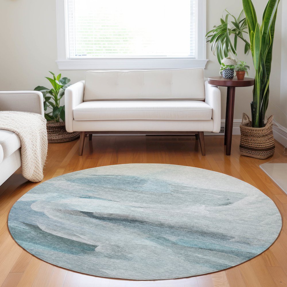 Luxury Washable Indoor/Outdoor Ravenna Teal 8' x 8' Round Rug. Picture 5