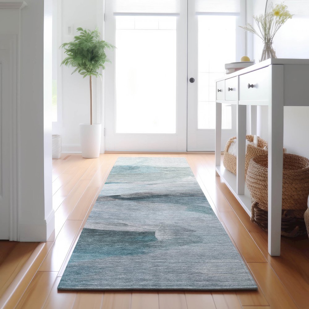 Luxury Washable Indoor/Outdoor Ravenna Teal 2'3" x 7'6" Runner Rug. Picture 5