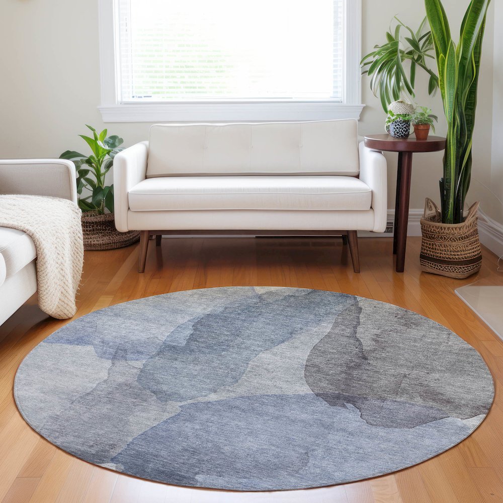 Luxury Washable Indoor/Outdoor Ravenna Blue 8' x 8' Round Rug. Picture 5