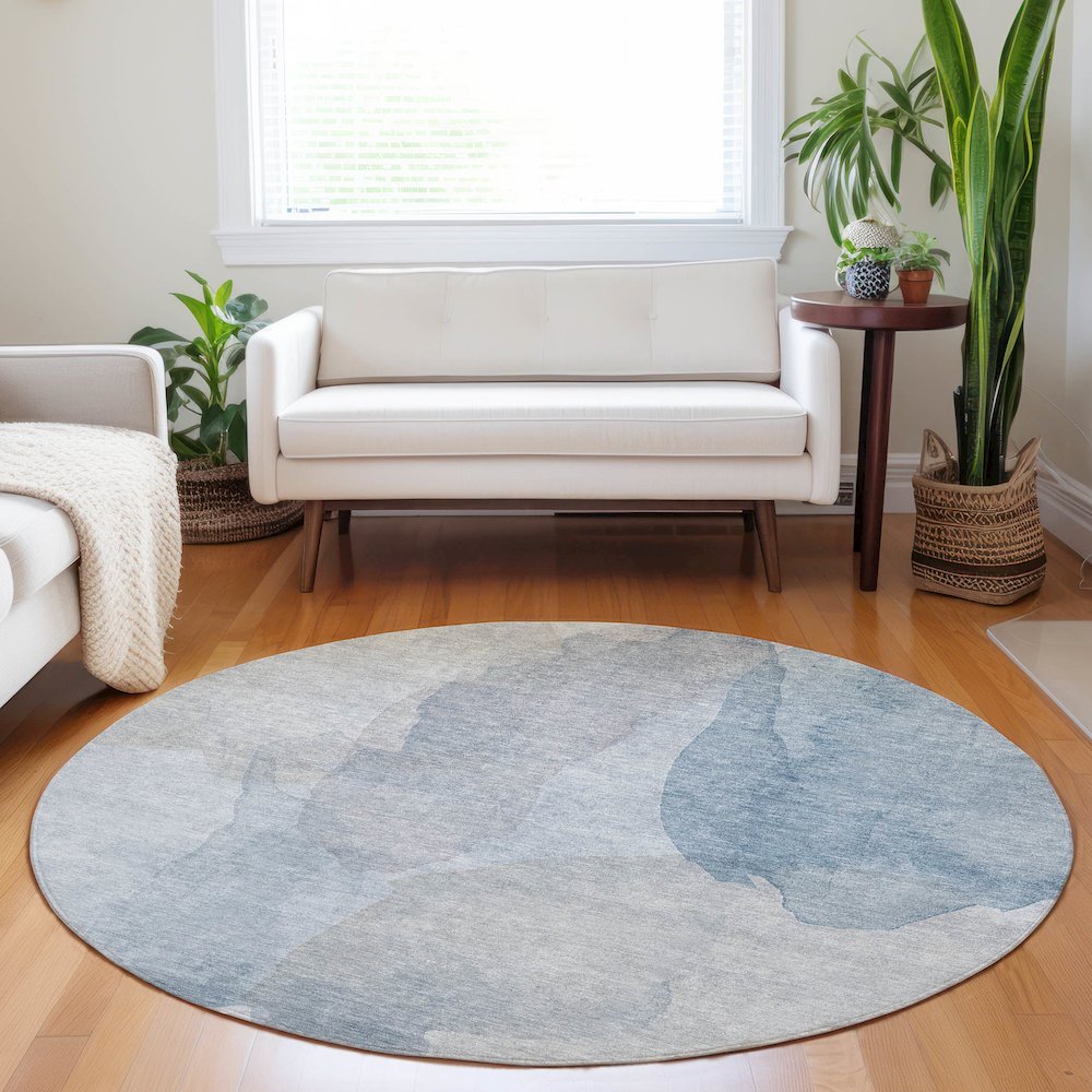 Luxury Washable Indoor/Outdoor Ravenna Sky 8' x 8' Round Rug. Picture 5