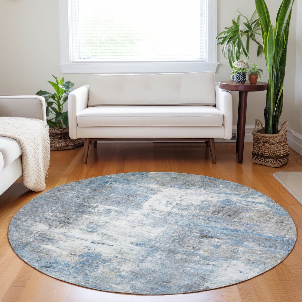 Luxury Washable Indoor/Outdoor Ravenna Blue 8' x 8' Round Rug. Picture 5