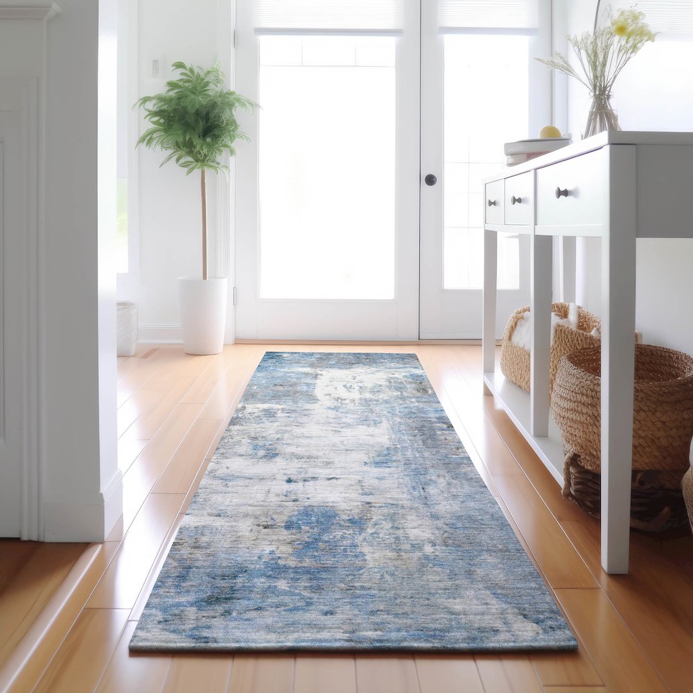 Luxury Washable Indoor/Outdoor Ravenna Blue 2'3" x 7'6" Runner Rug. Picture 5