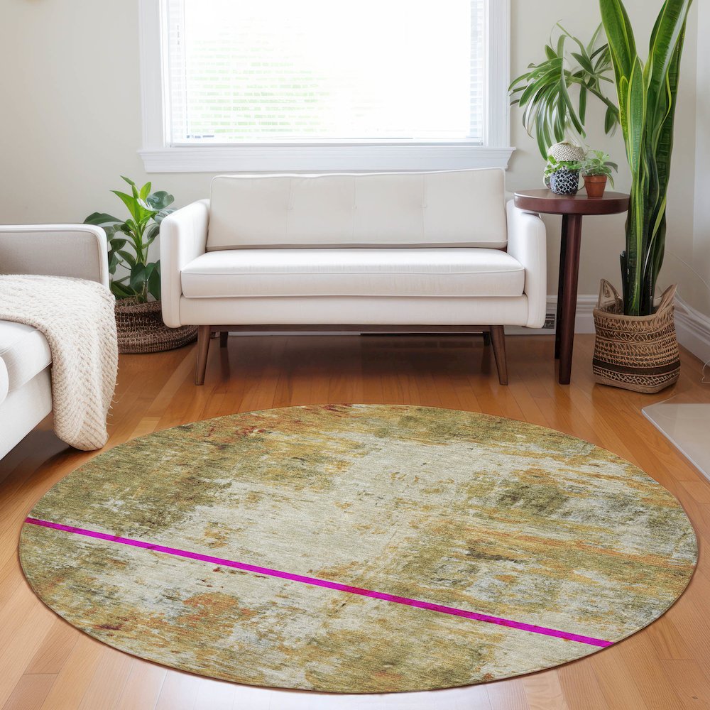 Luxury Washable Indoor/Outdoor Ravenna Olive 8' x 8' Round Rug. Picture 5