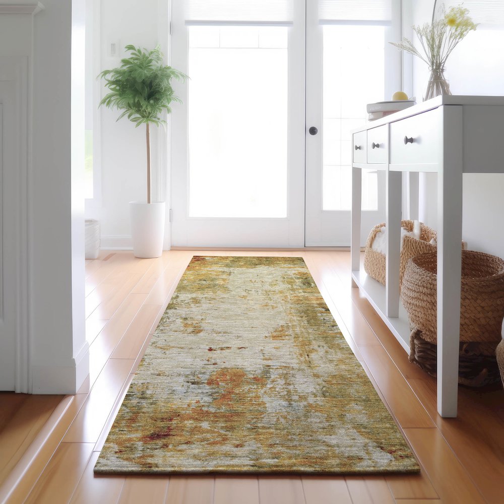 Luxury Washable Indoor/Outdoor Ravenna Olive 2'3" x 7'6" Runner Rug. Picture 5