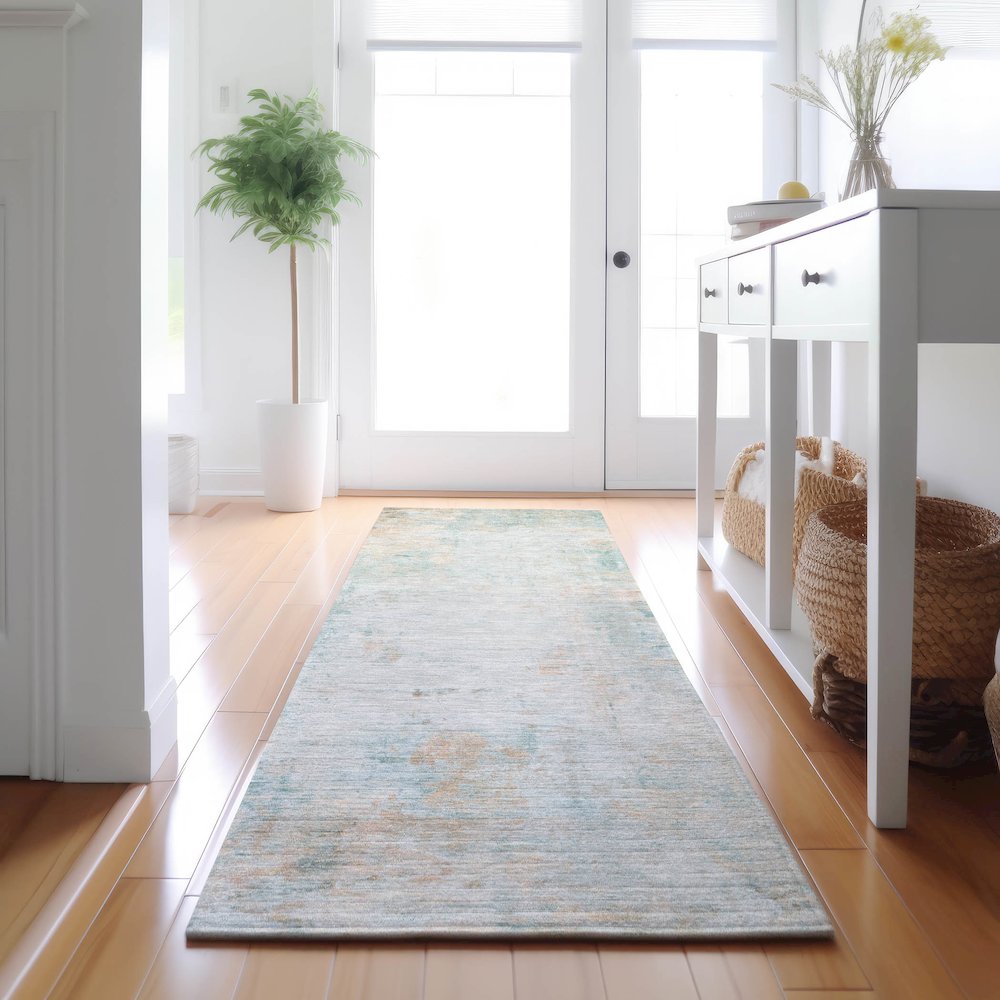 Luxury Washable Indoor/Outdoor Ravenna Seafoam 2'3" x 7'6" Runner Rug. Picture 5