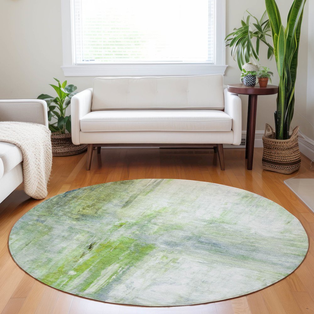 Luxury Washable Indoor/Outdoor Ravenna Aloe 8' x 8' Round Rug. Picture 5