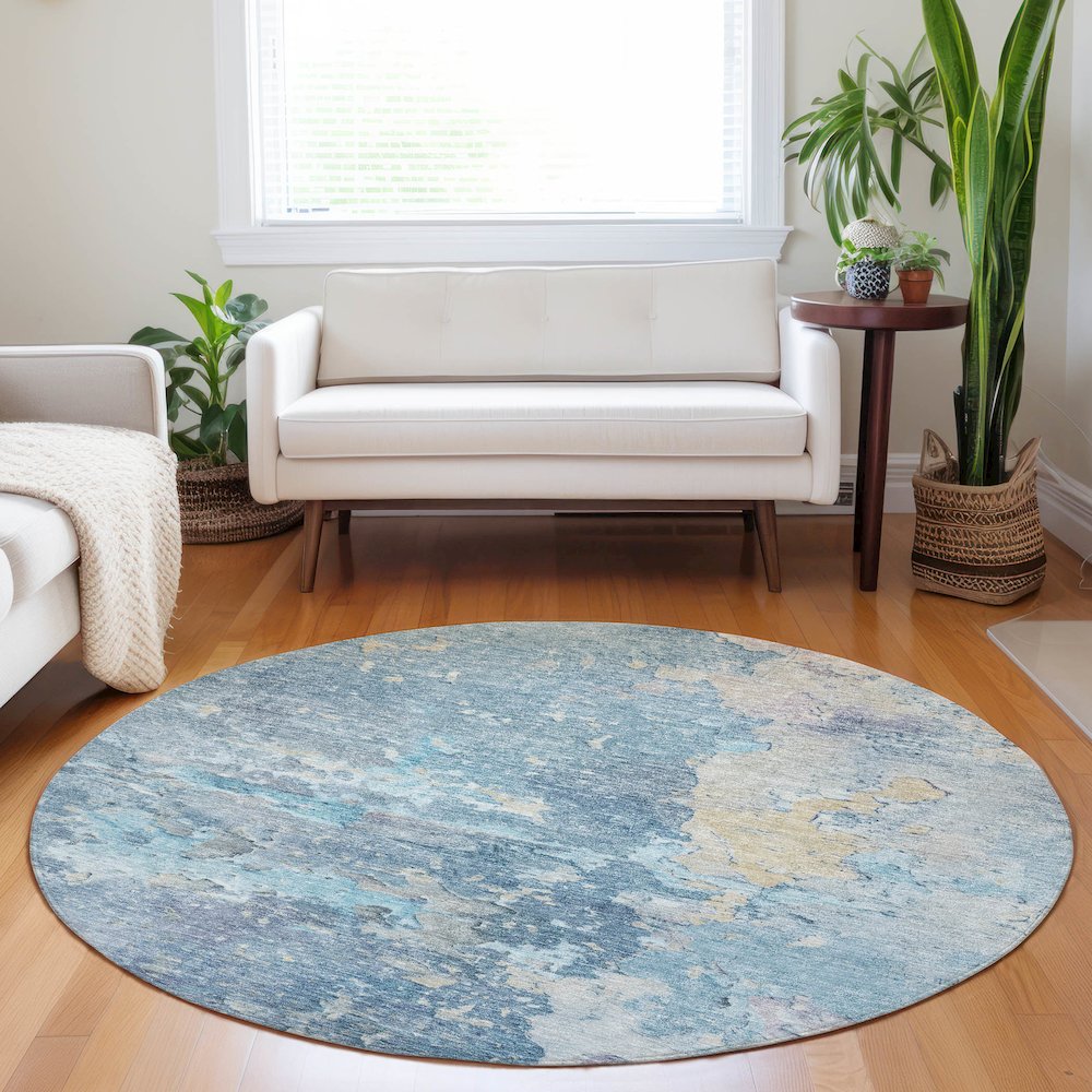 Luxury Washable Indoor/Outdoor Ravenna Blue 8' x 8' Round Rug. Picture 5