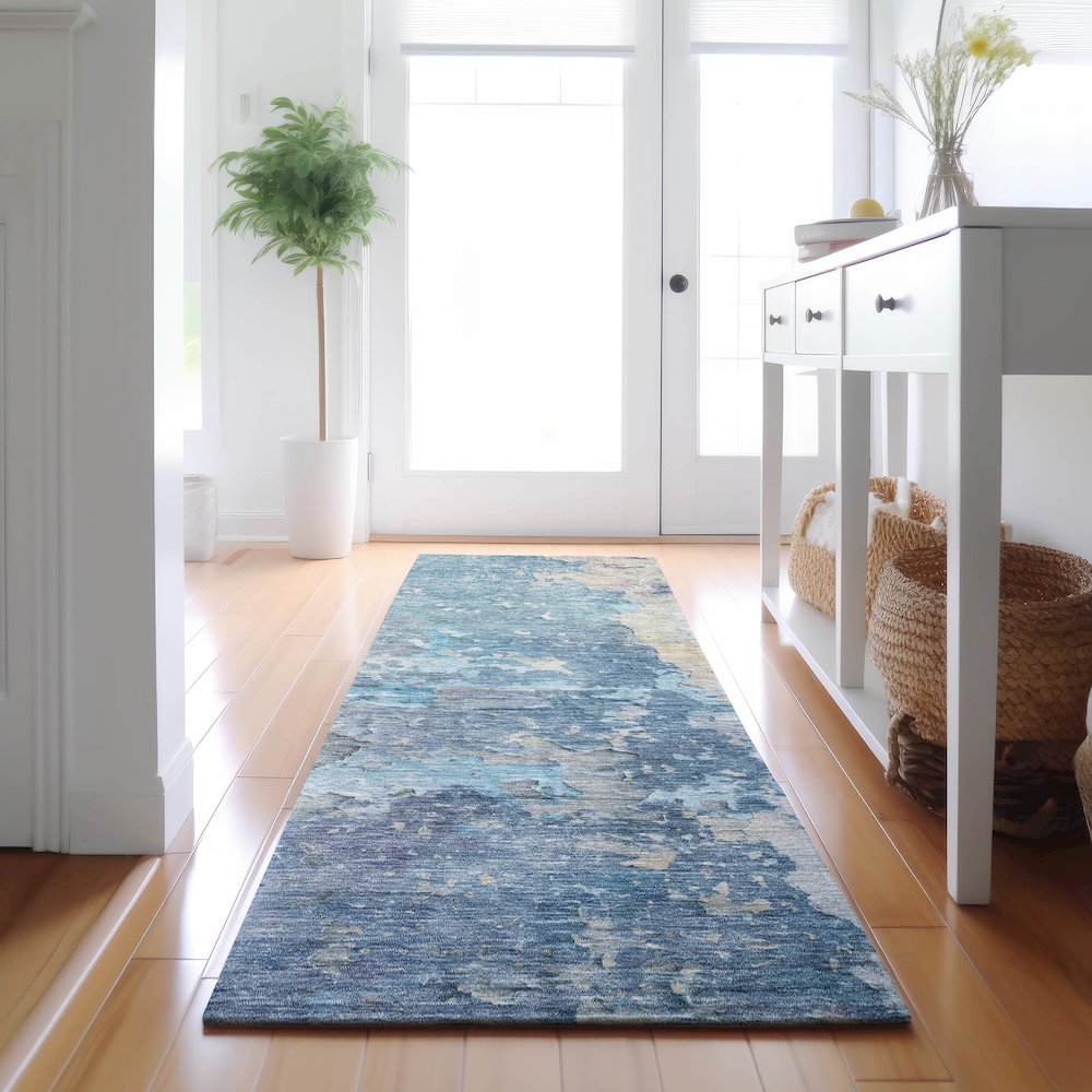 Luxury Washable Indoor/Outdoor Ravenna Blue 2'3" x 7'6" Runner Rug. Picture 5
