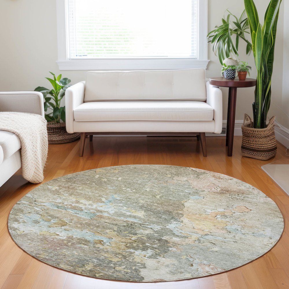 Luxury Washable Indoor/Outdoor Ravenna Brown 8' x 8' Round Rug. Picture 5