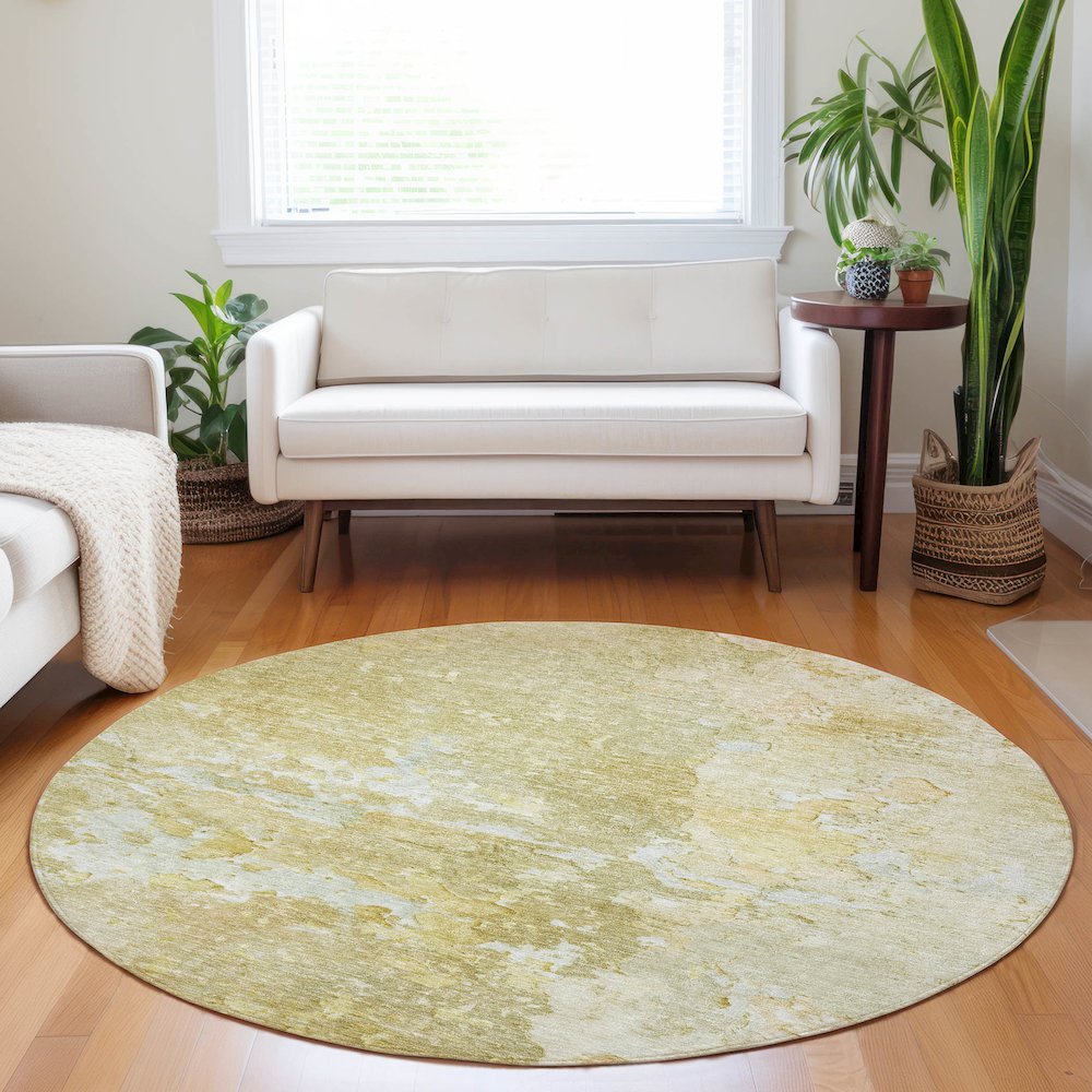 Luxury Washable Indoor/Outdoor Ravenna Gold 8' x 8' Round Rug. Picture 5