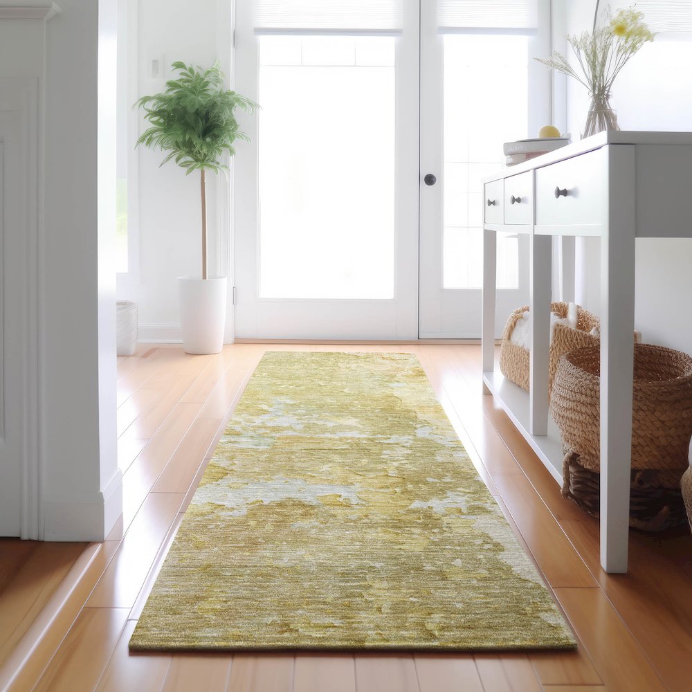 Luxury Washable Indoor/Outdoor Ravenna Gold 2'3" x 7'6" Runner Rug. Picture 5
