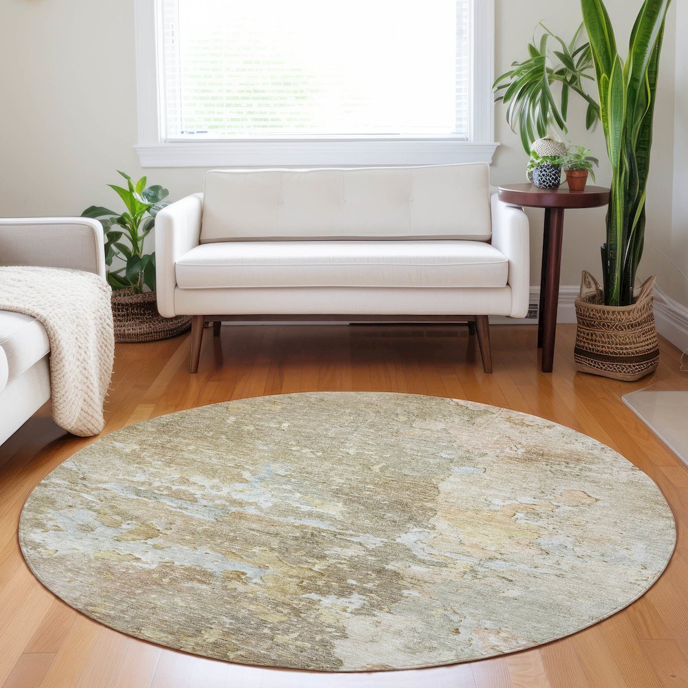 Luxury Washable Indoor/Outdoor Ravenna Khaki 8' x 8' Round Rug. Picture 5