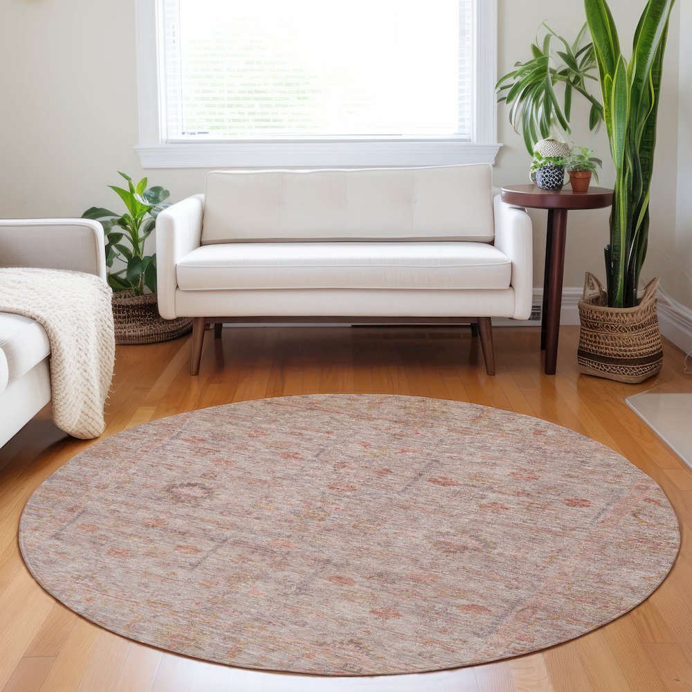 Luxury Washable Indoor/Outdoor Ravenna Coral 8' x 8' Round Rug. Picture 5