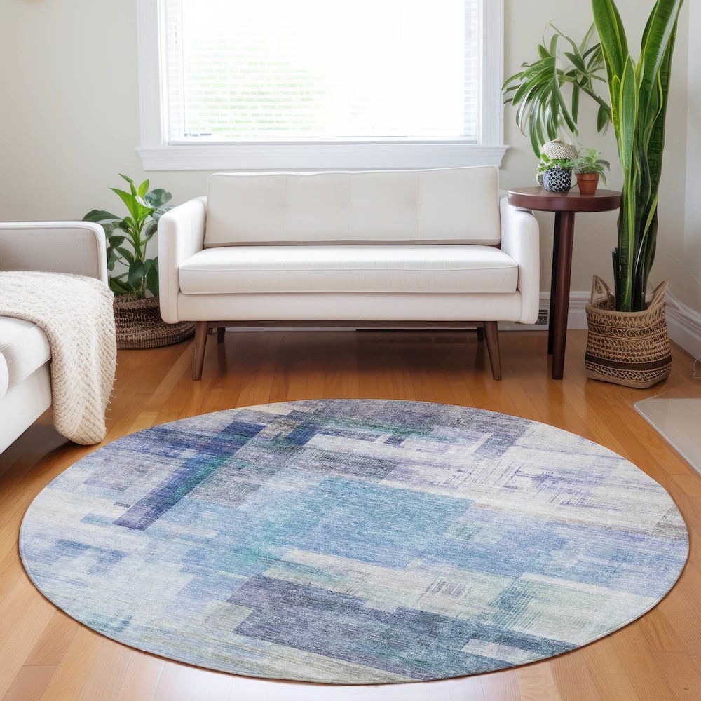 Luxury Washable Indoor/Outdoor Ravenna Blue 8' x 8' Round Rug. Picture 5