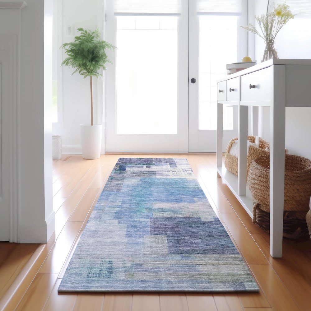 Luxury Washable Indoor/Outdoor Ravenna Blue 2'3" x 7'6" Runner Rug. Picture 5
