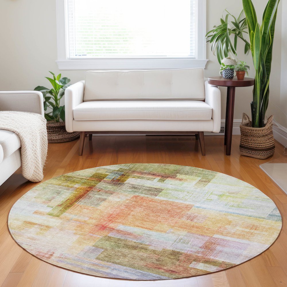Luxury Washable Indoor/Outdoor Ravenna Coral 8' x 8' Round Rug. Picture 5