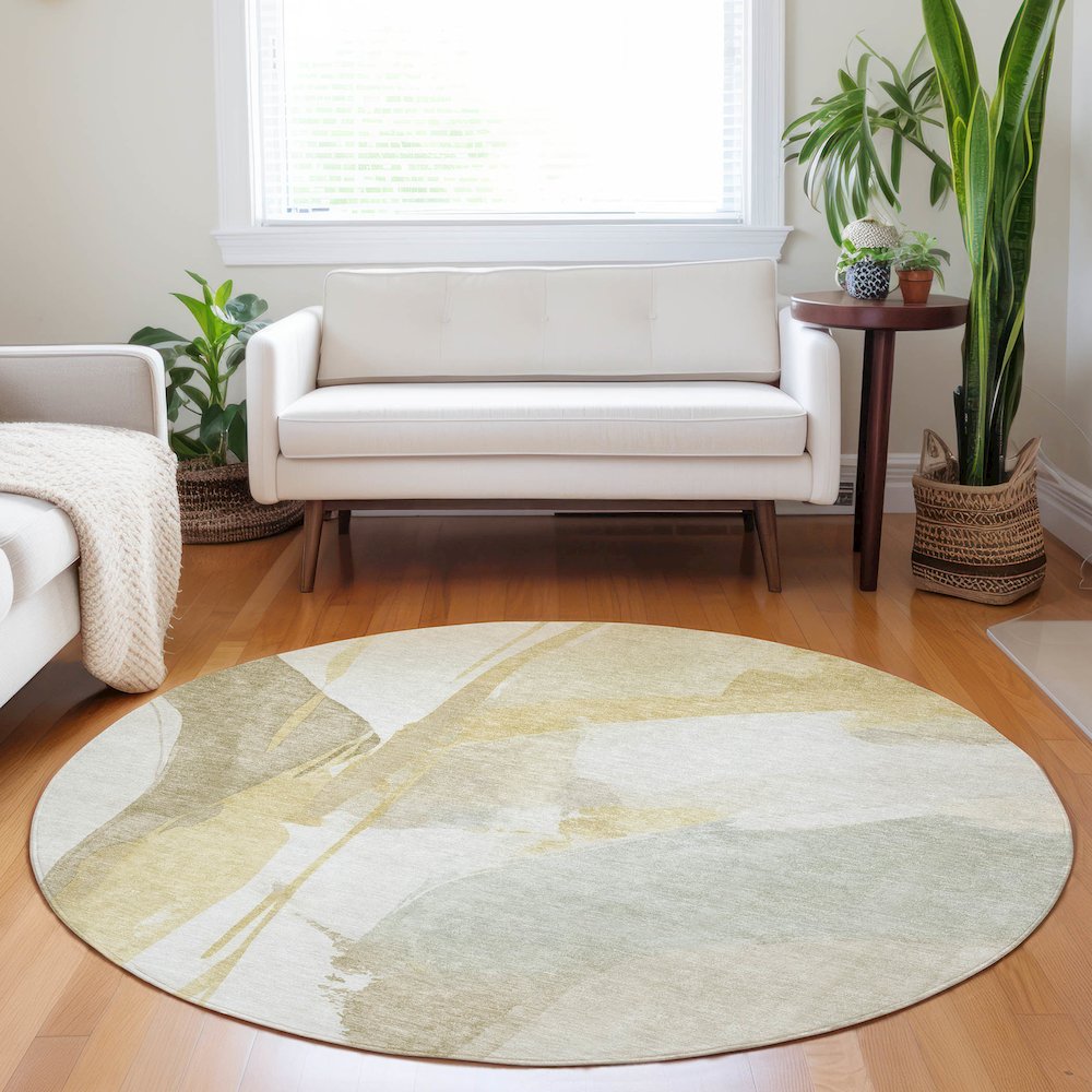 Luxury Washable Indoor/Outdoor Ravenna Beige 8' x 8' Round Rug. Picture 5