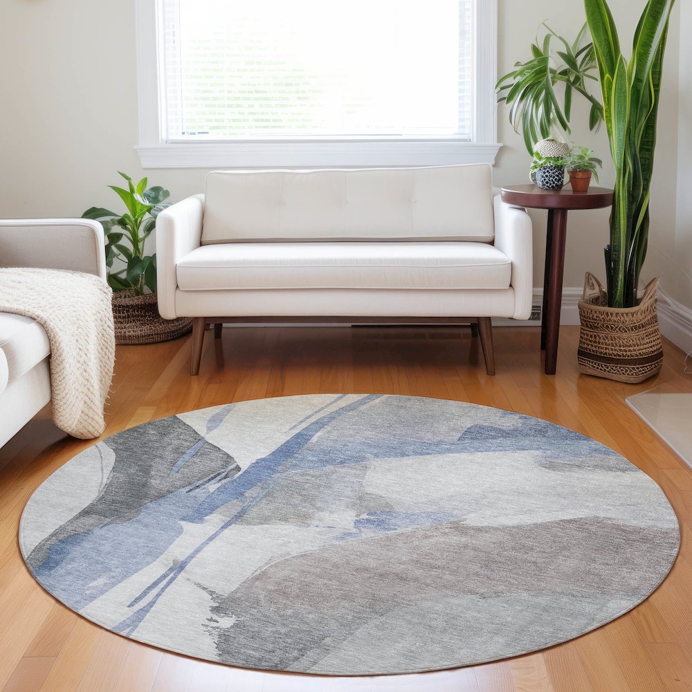 Luxury Washable Indoor/Outdoor Ravenna Denim 8' x 8' Round Rug. Picture 5