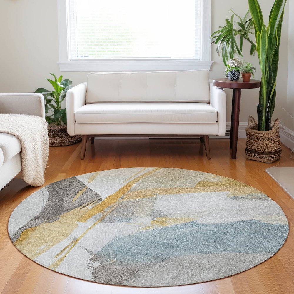 Luxury Washable Indoor/Outdoor Ravenna Gold 8' x 8' Round Rug. Picture 5