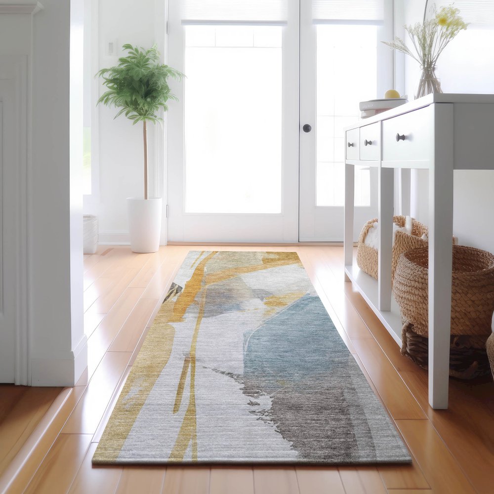 Luxury Washable Indoor/Outdoor Ravenna Gold 2'3" x 7'6" Runner Rug. Picture 5