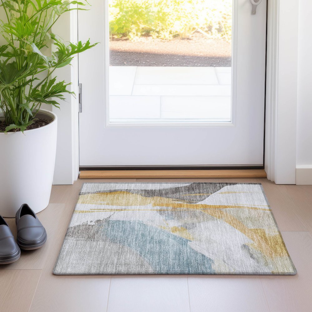 Luxury Washable Indoor/Outdoor Ravenna Gold 1'8" x 2'6" Rug. Picture 5