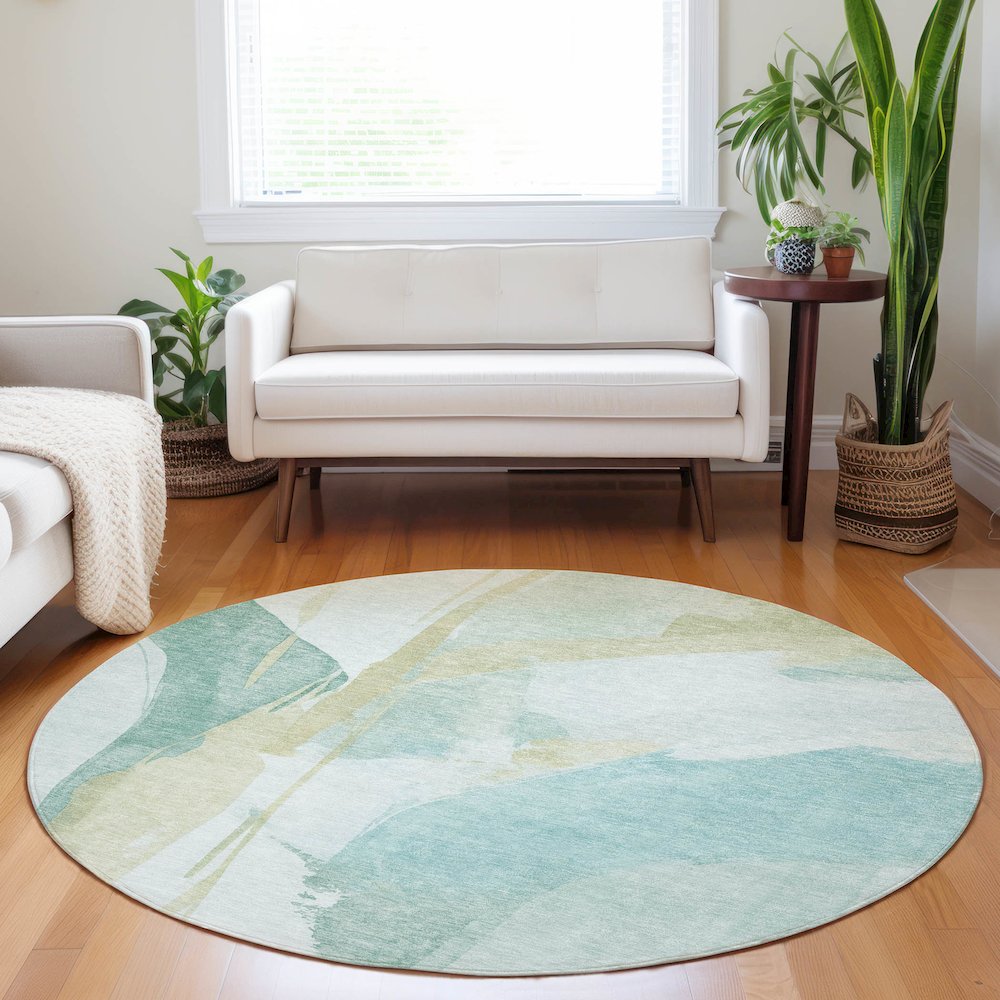 Luxury Washable Indoor/Outdoor Ravenna Teal 8' x 8' Round Rug. Picture 5
